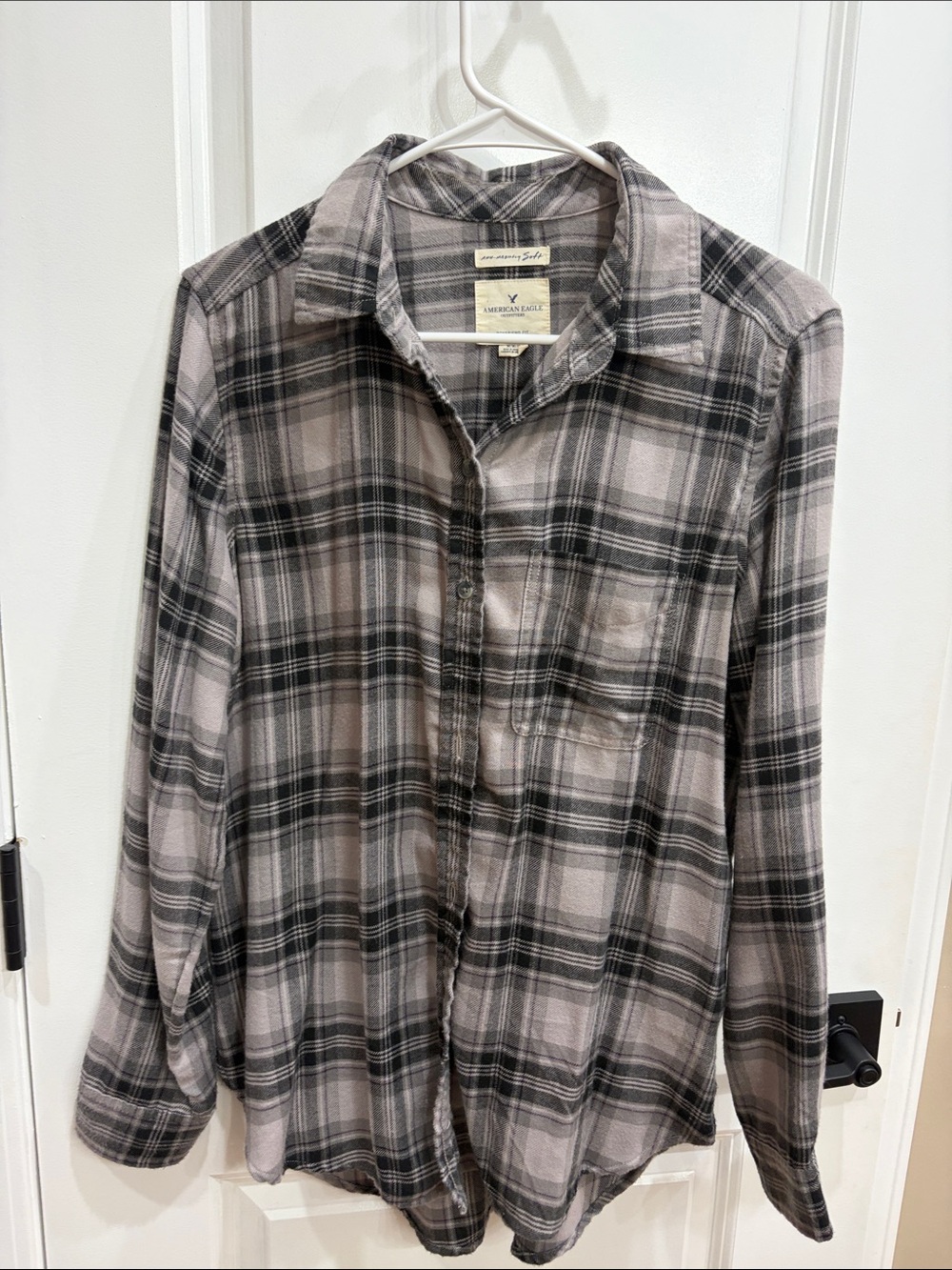American Eagle Outfitters Gray and Black Plaid Button-Down Shirt